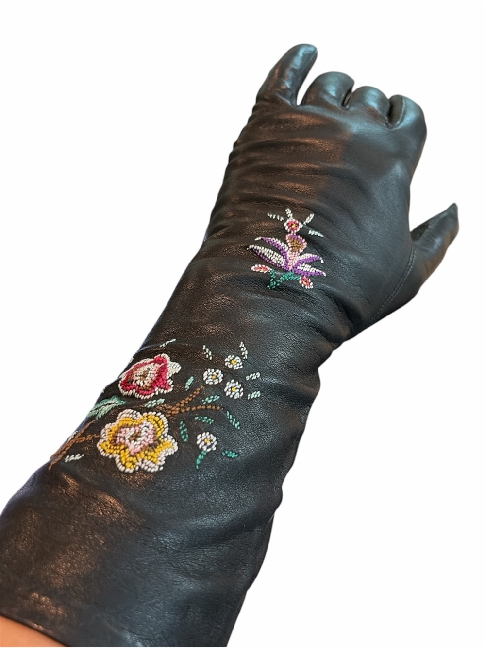 Vintage Black Leather Gloves with Floral Embroidery - Picture 1 of 3